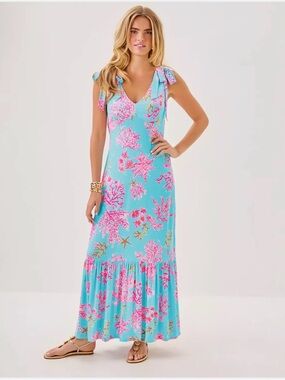 Lilly Pulitzer Aqua Maxi Dress with Pink Floral Print
